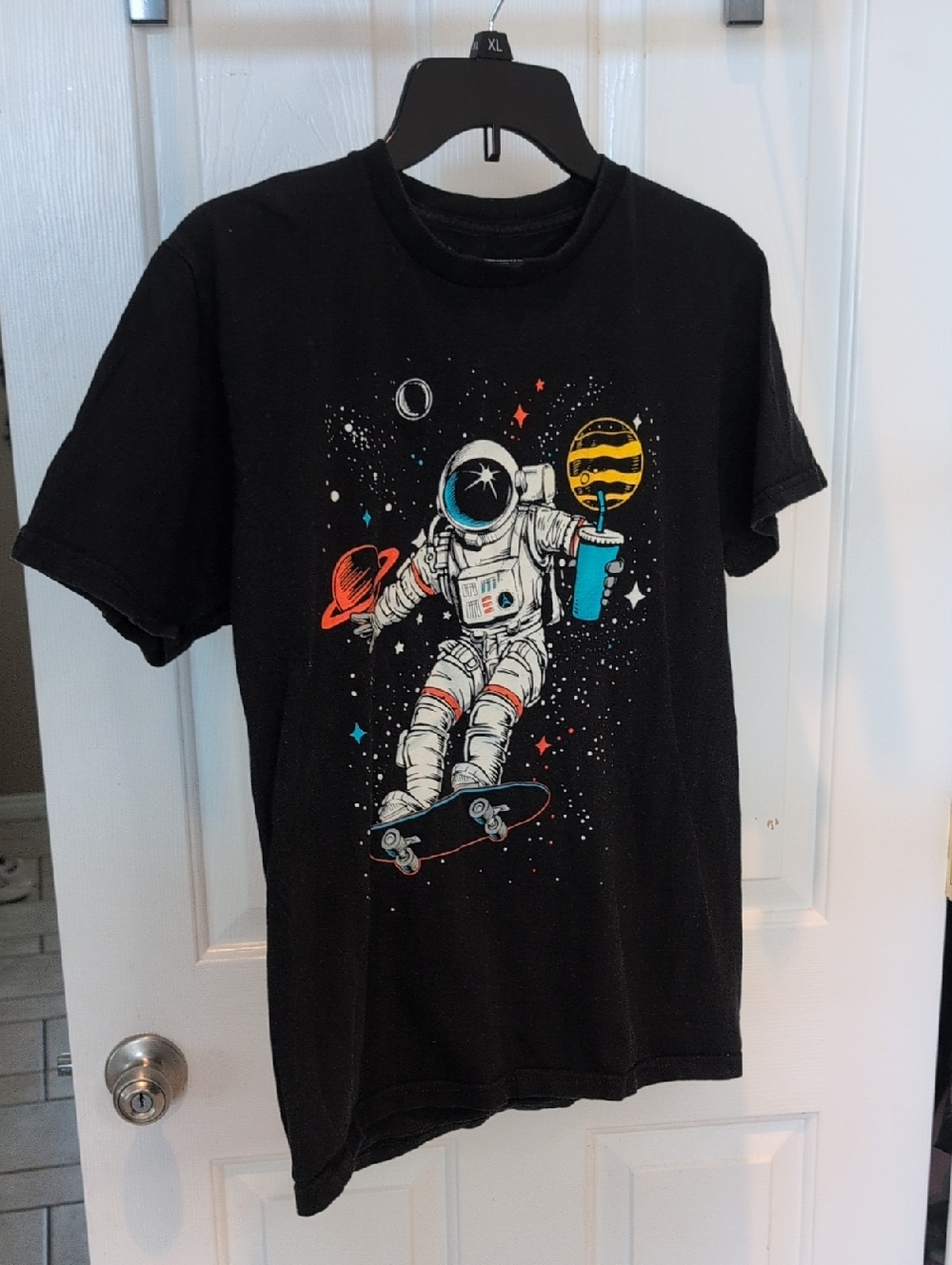 urban pipeline Black Short Sleeve Tee with Astronaut Skateboard Graphic